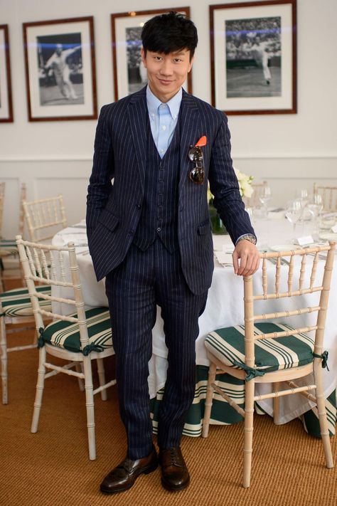 Pinstripes - not just for those in the Square Mile. Take your suit off the trading floor by going tieless.  [i]JJ Lin wears Polo Ralph Lauren.[/i] Trading Floor, Jj Lin, Best Dressed Man, Chinese Man, Gq Magazine, Summer Suits, Chinese Boy, The Square, Wimbledon