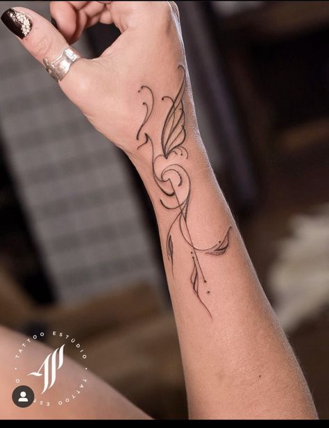 Phoenix Woman Tattoo, Front Wrist Tattoos For Women, Phoenix Minimalist Tattoo, Phoenix Hand Tattoo, Simple Phoenix Tattoo Feminine, Fine Line Phoenix Tattoo, Large Tattoos For Women, Feminine Tattoos For Women, Phoenix Tattoo For Women