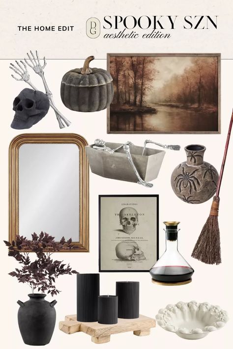 Neutral Halloween Aesthetic, Witch Aesthetic Halloween Decor, Halloween Sideboard Decor, Subtle Halloween Decor, Halloween Decorations Simple, Moody Halloween Decor, Halloween Vibes Aesthetic, Fall Decor Simple, Cozy Halloween Decor