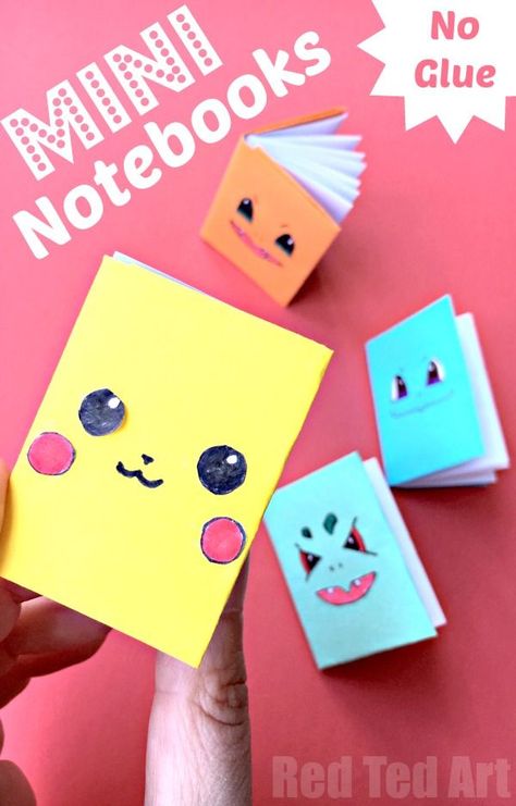 No Glue Paper Book - these DIY Mini Books are super easy to make. I love that this paper notebook craft has a colourful cover sheet and white pages on the inside. Giving you lots of options of how to decorate your no glue paper book craft! Origami Notebooks are so so so fun to make! Great for a Doll's craft too. Here we turned ours into Pokemon Notebook characters! Paper Books Diy, Diy Mini Books, Paper Crafts No Glue, Pokemon Kids Craft, Diy Paper Book, Pokemon Notebook, Origami Notebook, White Paper Craft, Diy Pokemon Crafts