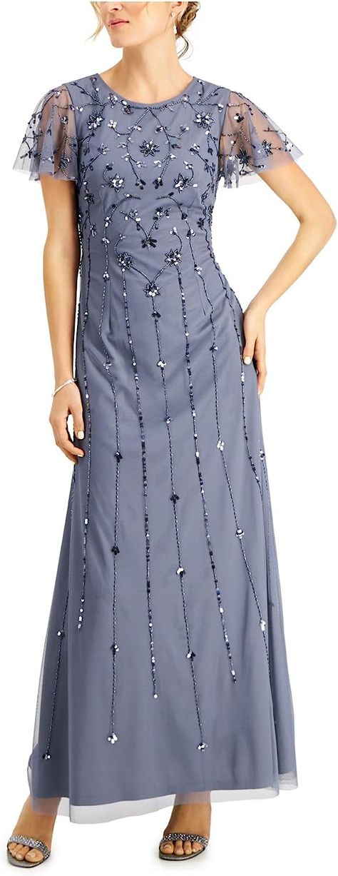 Drape Gown, Skirt Draping, Embellished Gown, Double Denim, Floor Length Skirt, Beaded Gown, A Line Gown, Adrianna Papell, Beaded Dress