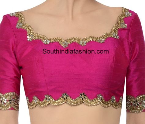 Scalloped Neckline Mirror Embellished Blouse Scalope Blouse Designs, Scalloped Blouse Design, Scallop Blouse Indian, Scallop Neckline, Scallop Blouse Designs, Scallop Sleeve Saree Blouse, Scallop Neckline Blouse, Elegant Semi-stitched Cutdana Blouse, Scallop Border Blouse