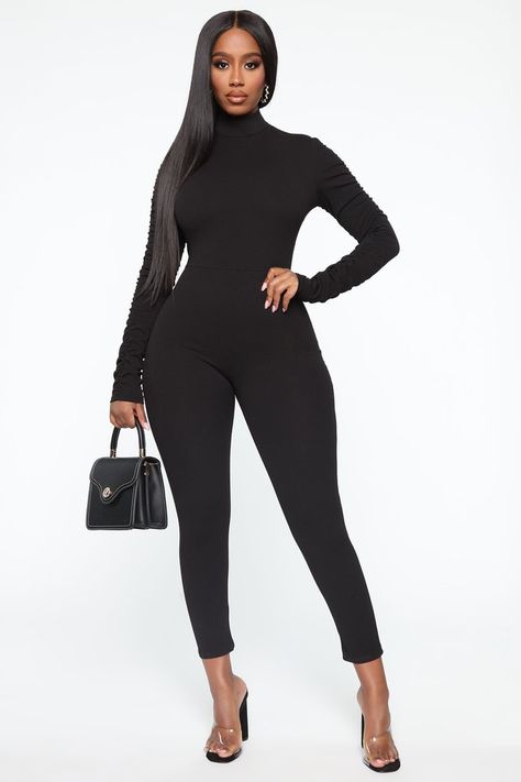 Jumpsuit Long Sleeve, Bandage Jumpsuits, Jumpsuit Long, Ruched Sleeve, Long Jumpsuits, Curve Dresses, Jumpsuit Fashion, Womens Loungewear, Black Jumpsuit