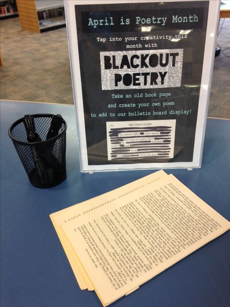 School Library Month Activities, Publishing Party Classroom, National Poetry Month Library Display, Poetry Library Display, Library Events Ideas, Bookstore Event Ideas, April Library Displays, Poetry Month Library Display, Poetry Month Bulletin Board