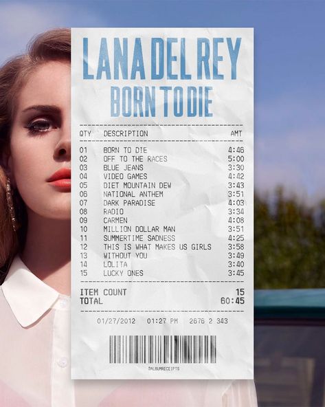 ALBUM RECEIPTS on Instagram: ““Born To Die” by @lanadelrey” Album Receipts, Ultraviolence Album, 10 Million Dollars, Lana Del Rey Songs, You Give Me Butterflies, Lana Del Rey Lyrics, Music Poster Design, Dark Paradise, Song List