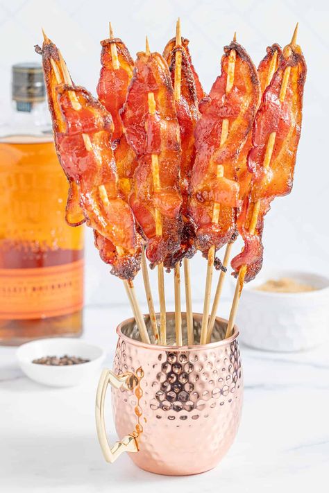 These Brown Sugar Bourbon Candied Bacon Skewers are slathered with a brown sugar bourbon glaze and caramelized for a sweet and savory treat. Bacon Jam Crostini, Brown Sugar Bourbon Glaze, Bacon Skewers, Bourbon Bacon Jam, Savory Brunch Recipes, Bourbon Bacon, Delicious Holiday Desserts, Brown Sugar Bacon, Bourbon Glaze