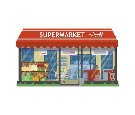 Super Market Drawing, Supermarket Drawing, Shopping Cart Illustration, Building Front View, Supermarket Illustration, Supermarket Building, City Miniature, Shop Exterior, Building Aesthetic