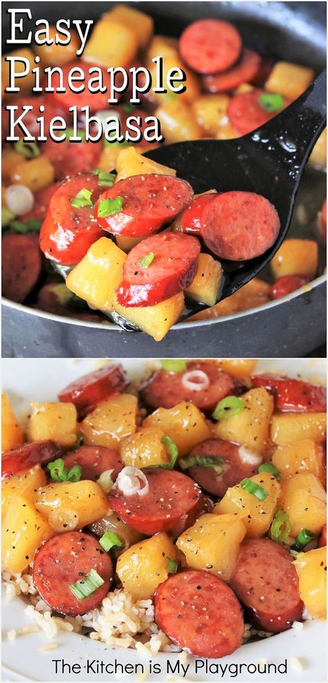 Pan & plate of easy Pineapple Kielbasa Kielbasa Recipes Pineapple, Pineapple Kielbasa Crockpot, Kilbasa Sausage Recipes With Pineapple, Kielbasa Sweet And Sour, Hawaiian Kielbasa Recipes, Hawaiian Sausage And Pineapple, Quick Keilbasa Recipes, Kabasa Sausage And Pineapple Recipes, Pineapple Smoked Sausage