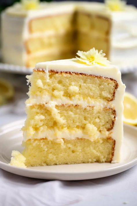 Lemon Velvet Cake with Cream Cheese Frosting - That Oven Feelin Easy Lemon Cake Recipe, Lemon Velvet Cake, Lemon Cake Easy, A Slice Of Cake, Lemon Layer Cakes, Lemon Cream Cheese Frosting, Slice Of Cake, Lemon Cake Recipe, Lemon Desserts