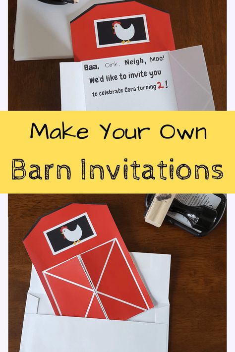 Step by step instructions for creating your own barn invitations for a farm-themed birthday party.  Easy and very cheap to make these farm invitations are perfect. #farmbirthday #toddlerbirthday Barn Birthday Party, Make Your Own Invitations, Farm Invitation, Farm Themed Party, Barnyard Birthday Party, Farm Birthday Invitation, Farm Theme Birthday, Farm Animals Birthday Party, Farm Themed Birthday Party