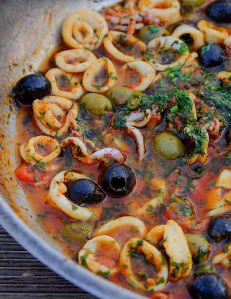 Calamari Puttanesca – David Rocco David Rocco, Octopus Recipes, Calamari Recipes, Squid Recipes, Seafood Dinner, Plum Tomatoes, Calamari, Fish Dishes, Seafood Dishes