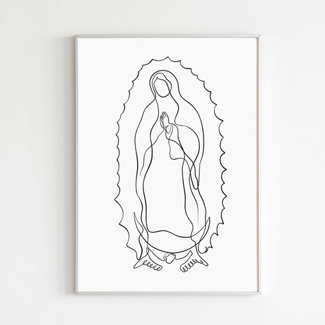 Virgen De Guadalupe Art Print Our Lady Of Guadalupe Line Art Poster Virgin Mary Catholic Poster Christian Religious Home Decor Mexican Faith San Judas Outline, Mexican Catholic Art, Mary Catholic, Prayer Corner, Minimalist Drawing, Outline Designs, Biblical Art, Catholic Art, Our Lady