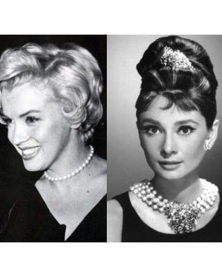 The two most famous stars of the mid-20th century frequently wore short strands of pearls. Marilyn's were Mikimoto pearls, given to her by Joe DiMaggio. And Audrey famously wore this pearl necklace in Breakfast at Tiffany's. Tiffany Pearl Necklace, Fake Dress, Tiffany Pearls, Marilyn Monroe And Audrey Hepburn, Expensive Stones, Famous Portraits, Grandmother Jewelry, Necklace Top, Joe Dimaggio