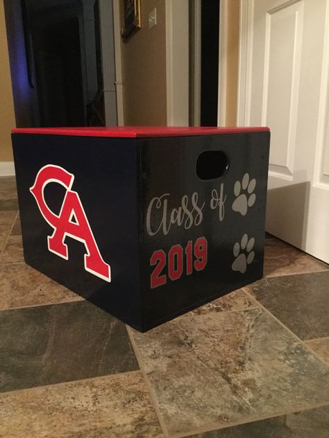 New Cheer Boxes!!!                                                       … Cheer Crate Ideas, Cheer Box Ideas High School Football, Senior Cheer Box Ideas, Cheer Boxes To Stand On, Cheer Box Designs, Cheer Boxes Designs High School, Cheer Uniform Shadow Box, Cheer Box Ideas High School, Cheer Box Ideas