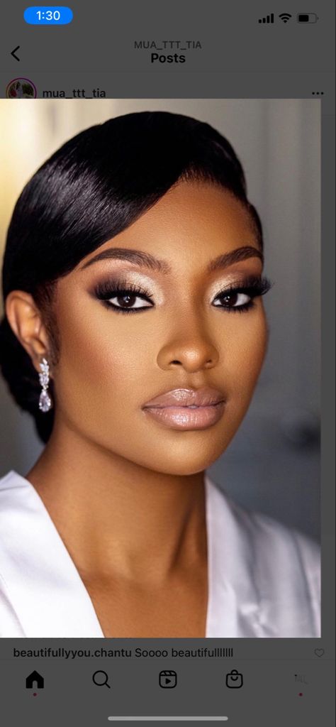 Bride Makeup For Black Women, Bridal Make Up For Black Women Natural Looks, Bridesmaid Makeup For Brown Eyes Natural Dark Skin, Bridal Makeup With Cat Eye, Wedding Day Makeup For Bride Black Women, Formal Makeup Ideas Natural, Black Wedding Makeup Natural, Formal Evening Makeup, Glam Bride Makeup Black Women