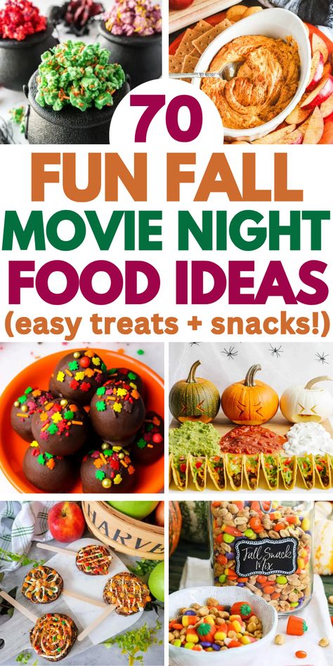 Easy fall movie night snacks and food ideas for your Halloween or fall movie night party. Fall Movie Night Meals, Movie Night Snack Ideas For Adults, Family Night Snacks, Family Movie Night Ideas Food Snacks, Fall Movie Date Night, Fall Backyard Movie Night, Halloween Movie Night Party Food Ideas Family, Fun Fall Party Food, Flubber Movie Night Food