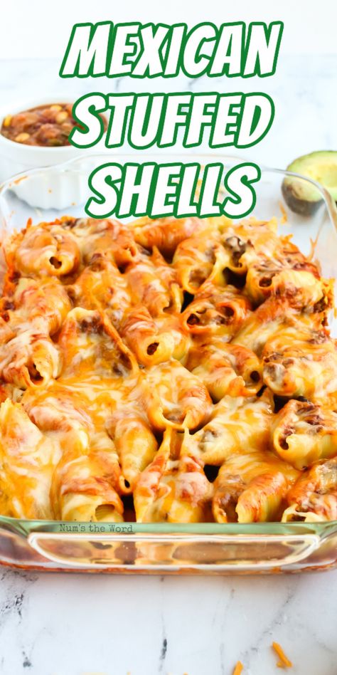 Mexican Stuffed Shells - If you love Mexican food and love food that reheats well for leftovers, then try these simple, yet delicious Mexican Stuffed Shells. A perfect main dish recipe! #dinner #maindish #shells #stuffedshells #groundbeef #beef #mexican #cincodemayo #freezermeal #casserole #freezercasserole #dinner #cheese #recipe #numstheword Enchilada Shells Stuffed, Stuffed Enchilada Shells, Mexican Stuffed Shells Vegetarian, Mexican Stuffed Pasta Shells Recipe, Mexican Shells Pasta Recipes, Mexican Stuffed Shells With Cream Cheese, Chorizo Stuffed Shells, Mexican Shells And Cheese, Mexican Shells And Ground Beef