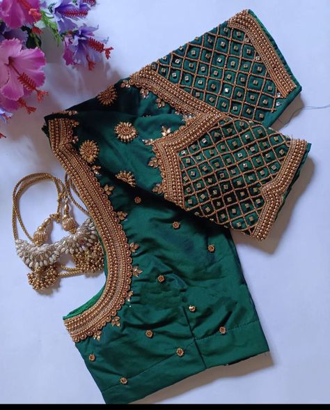 Wedding Saree Blouse Designs Bridal Collection Brides, Aari Work For Green Blouse, Green Wedding Blouse Designs, Aari Work Blouse Grand Design, Bride Aari Work Blouse Design, Aari Work Blouse Wedding Back Neck, Magam Work Designs For Bride, Grand Blouse Designs For Marriage, Green Aari Work Blouse Design