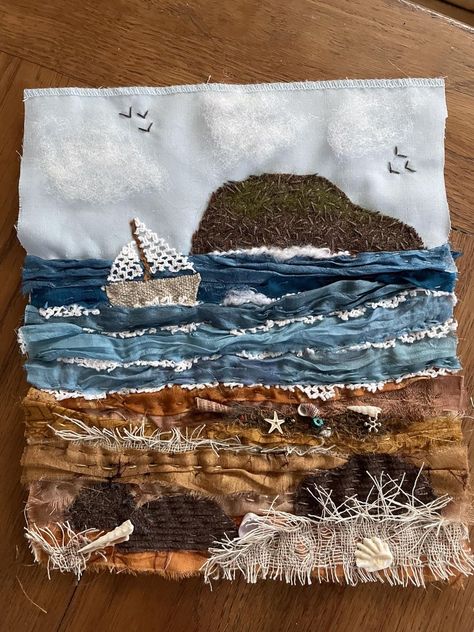 Slow Stitching With Sew Salvaged | Good evening all Seascape Quilts, Landscape Art Quilts, Landscape Quilt, Textile Art Embroidery, Beads Embroidery, Fabric Cards, Stitch Guide, Landscape Quilts, Stitch Book