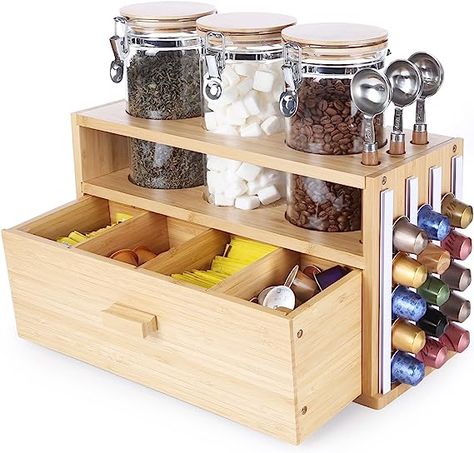 https://amzn.to/3CQi34o Coffee Bar Storage, Coffee Organizer, Glass Kitchen Canisters, Coffee Organization, Tea Bag Storage, Kitchen Counter Organization, Tea Organization, Coffee Pod Holder, Coffee Storage