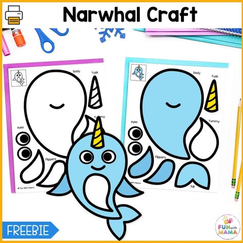 Try out these adorable narwhal crafts this winter with the kids! It's a unique Arctic animal craft that includes a free printable template! N Is For Narwhal Craft, Arctic Animal Craft, Narwhal Craft, Narwhal Art, Arctic Animals Crafts, Polar Bear Craft, Craft Recipes, Penguin Craft, Animal Craft