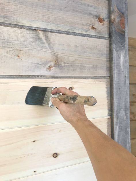 Shiplap Stained Wall, Painting Shiplap Walls, Stained Shiplap, Shiplap Bedroom, Wood Shiplap Wall, Gray Shiplap, Wall Stains, Painting Shiplap, Tongue And Groove Walls