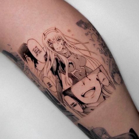 Anime Panels Tattoo, Darling In The Franxx Tattoo Ideas, Zero Two Tattoo Ideas, Manga Panels Tattoo, Darling In The Franxx Tattoo, Anime Panel Tattoo, Manga Panel Tattoos, Panel Tattoo, Kakashi Tattoo