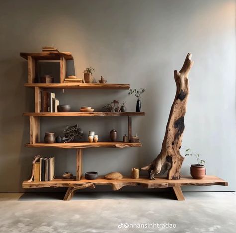 Reclaimed Wood Bookshelf, Floating Nightstand Ideas, Fishing Cabin Decor, Modern Floating Nightstand, Handmade Bookshelves, Nightstand Ideas, Rustic Log Furniture, Japanese Joinery, Driftwood Art Diy