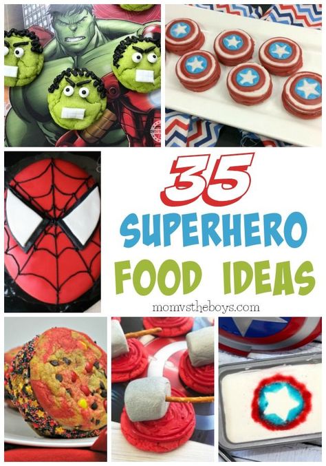 35 Superhero Food Ideas - Mom vs the Boys #kidsbirthday #superhero #marvel #marvelparty #superheroparty #birthdayparty #boysbirthday Marvel Themed First Birthday Party, Superhero Food Ideas, Adult Superhero Party, Super Hero Birthday Cake, Superhero Birthday Party Food, Superhero Party Food, Superhero Snacks, Avenger Party, Food Ideas For Kids