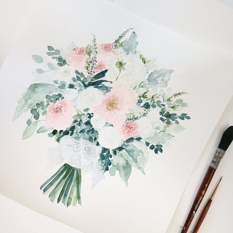 Bouquet Watercolor Painting, Painting Wedding, Bouquet Watercolor, Bouquet Painting, Wedding Bouquet Preservation, Green Bouquet, Bouquet Preservation, Custom Bouquet, Watercolor Bouquet