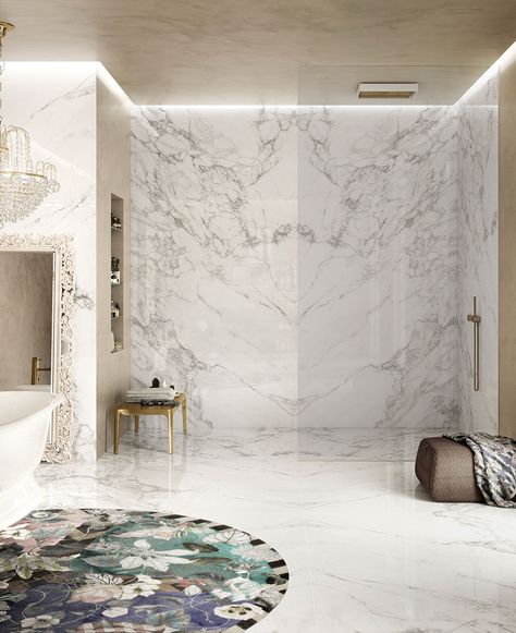 Arabescato Marble Bathroom, Marble Arabescato, Cool Beds For Kids, Spa Like Bathrooms, Porcelain Slab, Arabescato Marble, Bathroom Shower Walls, Shower Floor Tile, Dream Bath