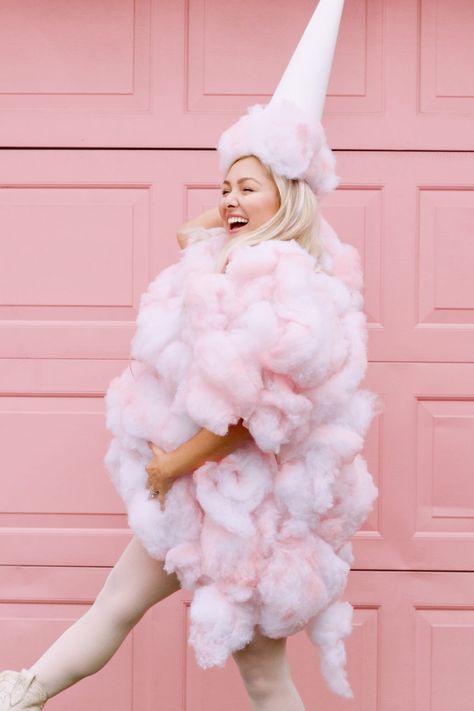 DIY Halloween Costume | Mallory Ervin Storm Cloud Costume Diy, Diy Cotton Candy Costume Women, S'more Halloween Costume, Maškare Kostimi, Cotton Candy Costume Women, Pink Costume Ideas Halloween, Candyland Outfit Women, Candyland Costume Women, Diy Carnaval Costume