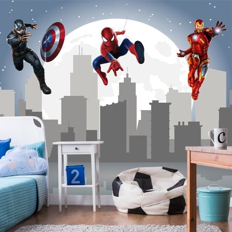 Spiderman Mural, Superhero Boys Room, Superhero Wall Decor, Skyline Wallpaper, Bedroom 2023, Spiderman Room, Superhero Bedroom, Superhero Wall, Murals For Kids