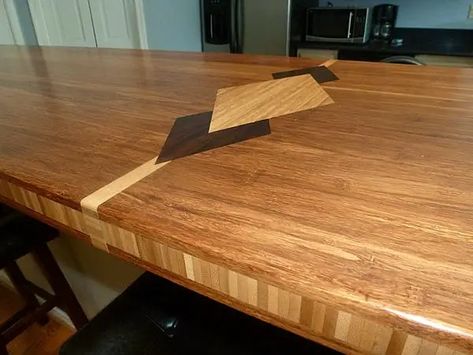 custom bamboo countertops with diamond pattern and inset edge detail Bamboo Countertop Kitchen, Cost Of Countertops, Bamboo Countertop, Outdoor Kitchen Countertops, Bamboo Kitchen, Cheap Countertops, Stainless Steel Counters, Marble Counter, Butcher Block Countertops