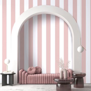 Pink And White Striped Wallpaper, Stripe Awning, Blush Pink Wallpaper, Magnolia Wallpaper, Sanderson Curtains, Magnolia Colors, Stripe Wallpaper, Striped Wallpaper, Wide Stripes