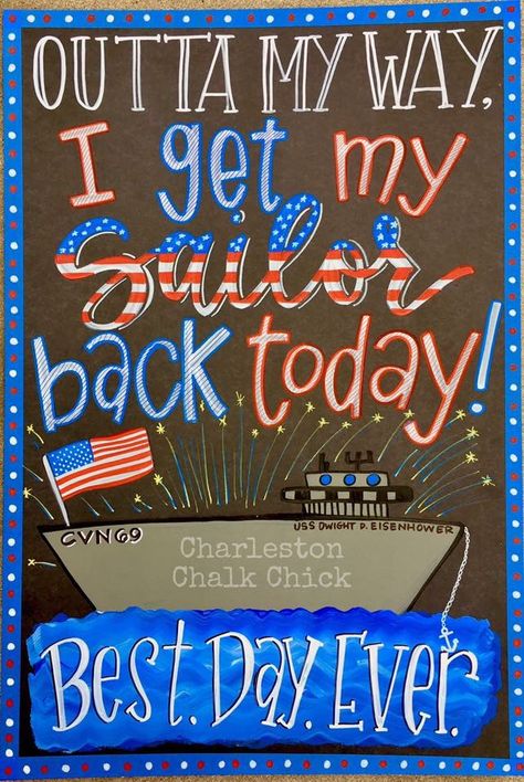 Military homecoming sign / Deployment Sign / Welcome Home / Armed Forces / Navy / Army / Marines / Air Force / Chalkboard / www.facebook.com/charlestonchalkchick for more pics and inquiries / charlestonchalkchick@gmail.com Marine Welcome Home Signs, Welcome Home Sailor Signs Navy, Navy Welcome Home Signs, Navy Welcome Home Party, Sailor Homecoming Signs, Navy Homecoming Signs, Welcome Home Military Signs, Military Welcome Home Signs, Marine Homecoming Signs