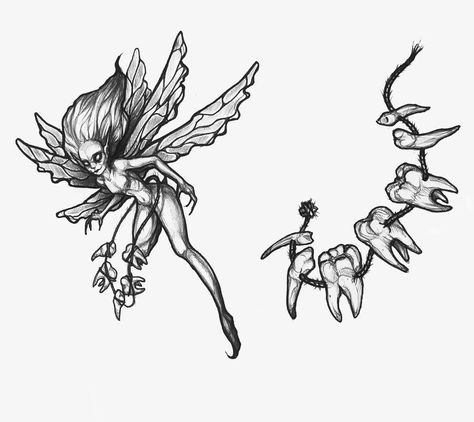 Tooth Fairy Tattoo Designs, Black And White Fairy Tattoo, Fairy Ink Drawing, Tooth Fairy Tattoo Ideas, Dark Fairy Illustration, Scary Fairy Drawing, Spooky Fairy Tattoo, Weird Tattoo Designs, Dark Fairy Sketch