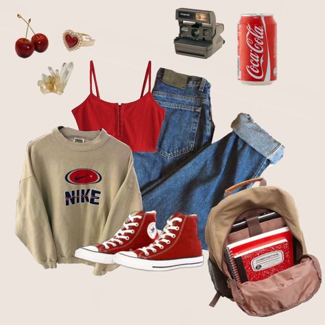 90s Aesthetic Outfit Ideas Vintage, 90s Vibes Aesthetic Outfits, Red 90s Aesthetic Outfits, Red Vintage Aesthetic Outfit, Cherry Coke Outfit, Red Converse Shoes Outfit, Red Fit Aesthetic, 90s Red Outfit, Casual Marvel Outfits