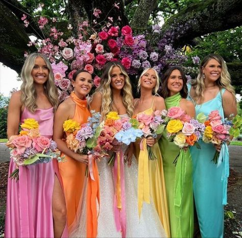 Bright Themed Wedding, Bridemaids Dresses Rainbow, Multiple Color Wedding, Colorful Wedding Venue Decorations, Happy Wedding Colors, Coloured Theme Party, Festival Wedding Bridesmaid, Bright Colours Wedding Theme, Colorful Bridal Party Dresses