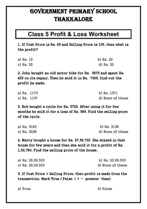 Profit and loss activity Profit And Loss Worksheets For Grade 5, Profit Loss Worksheet, Grade 5 Math Worksheets, Math Examples, 7th Grade Math Worksheets, Area Worksheets, Math Hacks, Maths Worksheet, Rat House