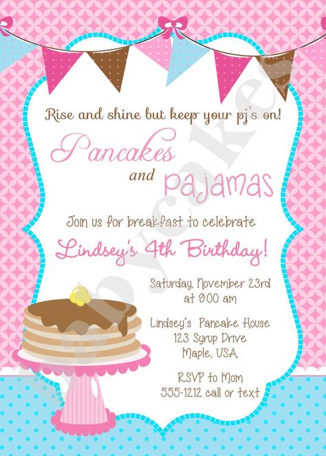 Pancakes and Pajamas Birthday Invitation DIY Print by jcbabycakes, $10.00 Pancake Party Invitation, Pancakes And Pajamas Birthday Party, Pajamas Birthday Party, Pjs Party, Pajama Birthday Parties, Pancake Party, Pancakes And Pajamas, Sleepover Birthday Parties, Birthday Invitations Diy