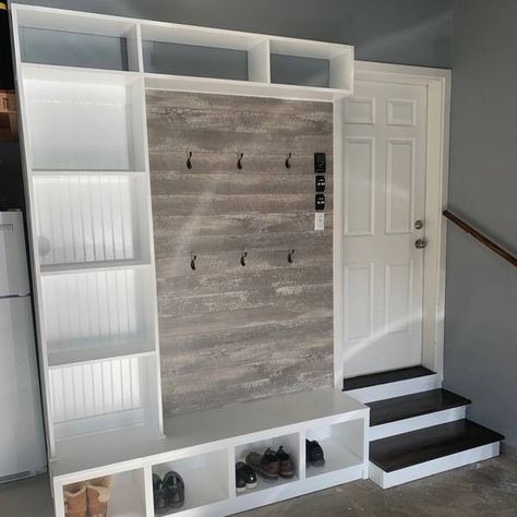 Mud Room Garage Ideas, Small Garage Drop Zone, Mud Space In Garage, Garage To Basement Entry, Mudroom Connecting House And Garage, Garage Mudroom Ideas Diy Small Spaces, Mud Room In The Garage, Mudroom Area In Garage, Mud Room From Garage