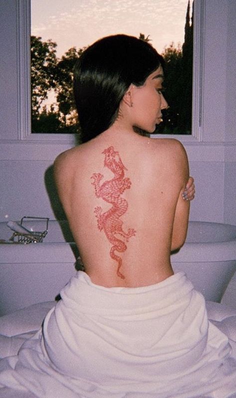 Dragon Tattoo Back, Red Dragon Tattoo, Chinese Dragon Tattoos, Girl Back Tattoos, Dragon Tattoo For Women, Chest Tattoos For Women, Spine Tattoos For Women, Red Ink Tattoos, Pretty Tattoos For Women