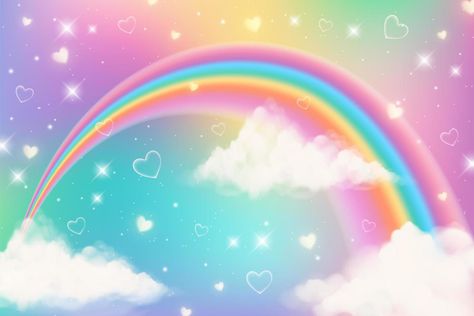 Holographic fantasy rainbow unicorn background with clouds. Pastel color sky. Magical landscape, abstract fabulous pattern. Cute candy wallpaper. Vector. Unicorn Background, Rainbow Unicorn, Premium Vector, Pastel, Rainbow, Stars, Color