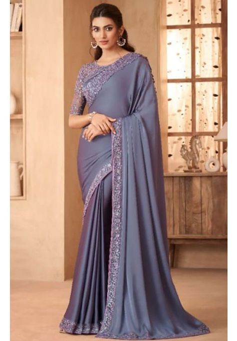 Dusty Purple Heavy Embroidered Designer Saree Blue Satin Saree, Saree Satin, Dusty Blue Color, Purple Saree, Ghagra Choli, Satin Saree, Dusty Purple, Purple Fabric, Georgette Fabric