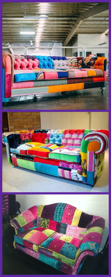 Patchwork couches, love this idea! Couch Upcycle, Reupholstered Couch, Patchwork Couch, Reupholster Couch, Sofa Reupholstered, Patchwork Furniture, Boho Couches, Wooden Couch, Patchwork Sofa