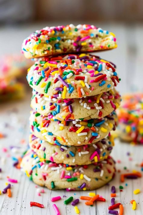 Funfetti Cookies - Insanely Good Crumbl Funfetti Cookies, Homemade Funfetti Cookies, Colorful Baked Goods, Sprinkle Cookies Recipe, Christmas Cookie Boxes, Confetti Cookies, Funfetti Cookies, Cookie Dough Balls, Funfetti Cake