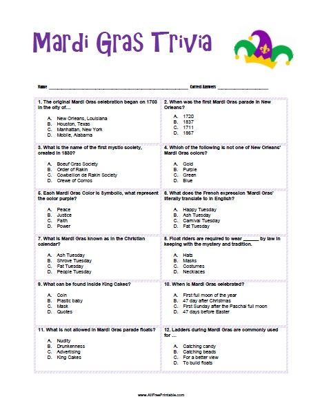 Free Printable Mardi Gras Trivia. Free Printable Mardi Gras Trivia Quiz that you can share with your friends to celebrate Fat Tuesday this month of March. Let's find out how much you know about Mardi Gras. Try to answer this trivia about the Mardi Gras facts and about Mardi Gras Society, King Cakes, Celebration, Costumes, Masks, Dates, Floats, Parades, Beads, Mardi Gras Crafts For Adults, Mardi Gras Activities For Seniors, Mardi Gras Office Party Ideas, Mardi Gras Printables Free, Mardi Gras Party Games, Classroom Mardi Gras Party, Mardi Gras Worksheets For Kids, Mardi Gras Games, Mardi Gras School Activities