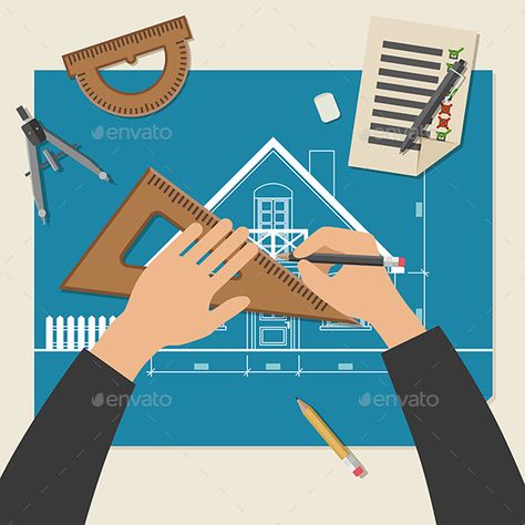 Architect at Work Blueprint Building, Engineer Cartoon, Drawing Engineering, Drawing Equipment, Simple Vector Illustration, Engineering Equipment, Presentation Pictures, Interior Architecture Drawing, Color Mixing Chart