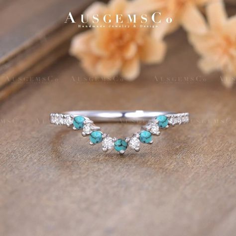 "Curved Turquoise Wedding Band Women Vintage Moissanite Ring Half Eternity Matching Band Yellow Gold Curved Stackable Ring Anniversary Gift 🌸ITEM DETAILS *Turquoise, Round Cut, Size: 1.8mm *Moissanite, Weight Approx. 0.20CT Total *Ring Band: 1.5mm *Metal Choice: 10K/14K/18K Solid Gold (Rose, White, or Yellow) 🌸Service Available: Personalized / Rush Order / Engraving / Gift Box Upgrade / Payment Plan / Size Upgrade / CAD & Wax Model / Return & Refund (with conditions) 🌸Order & Rush Order: Every single piece of AUSGEMSCo jewellery is made to order, and our standard production time is 2 to 3 weeks from time of purchase. Orders placed during the holiday season are subject to revised production timelines - please refer to our shop announcement for updates. AUSGEMSCO also provide rush order s Western Wedding Rings, Turquoise Wedding Band, Turquoise Ring Engagement, Wedding Band Women, Turquoise Wedding, Dream Engagement, Dream Engagement Rings, Western Wedding, Stackable Ring